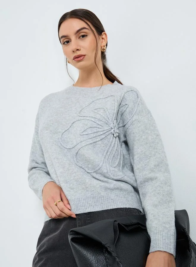 Take Two Grey Floral Applique Knit Sweater