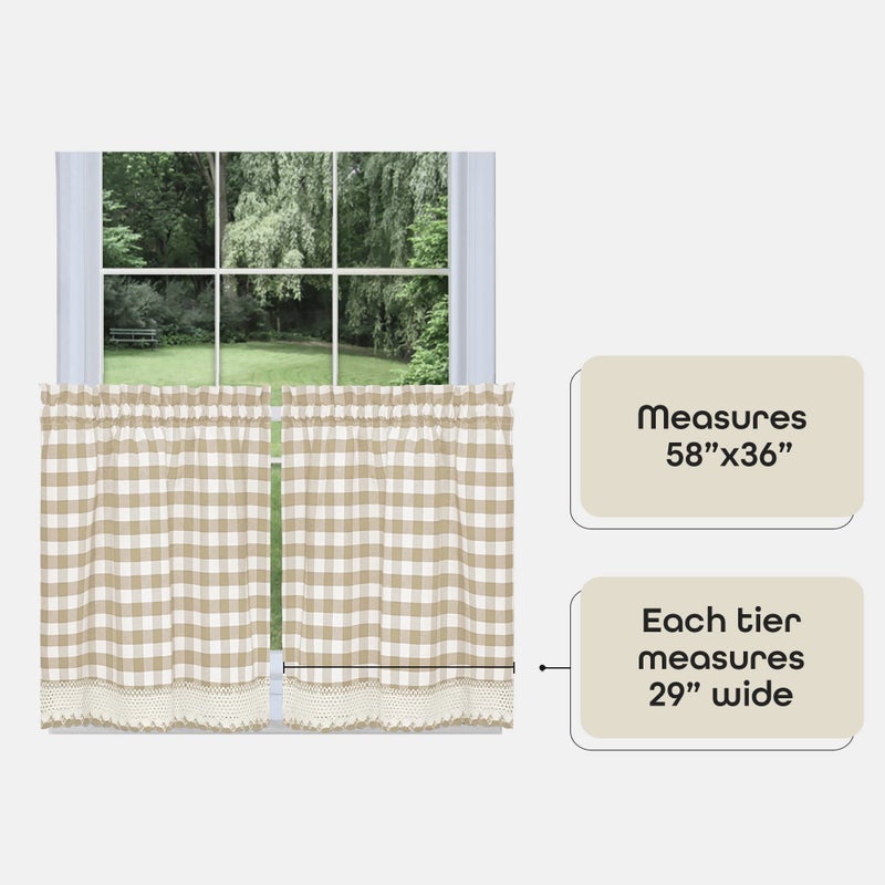 ACHIM Buffalo Check Tier Pair Window Curtain Set - 58 Inch Width, 36 Inch Length - Taupe & Ivory Plaid Drapes - Light Filtering Drapes for Kitchen, Bedroom, Living & Dining Room Home Decor - Image 4