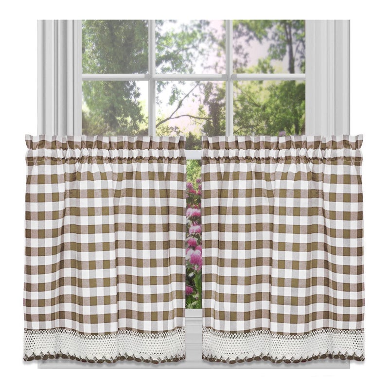 ACHIM Buffalo Check Tier Pair Window Curtain Set - 58 Inch Width, 36 Inch Length - Taupe & Ivory Plaid Drapes - Light Filtering Drapes for Kitchen, Bedroom, Living & Dining Room Home Decor - Image 1