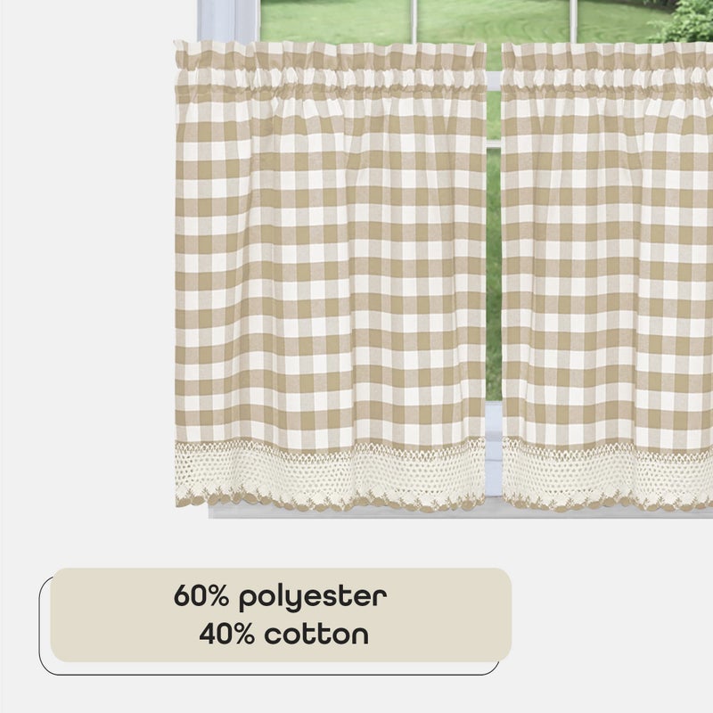 ACHIM Buffalo Check Tier Pair Window Curtain Set - 58 Inch Width, 36 Inch Length - Taupe & Ivory Plaid Drapes - Light Filtering Drapes for Kitchen, Bedroom, Living & Dining Room Home Decor - Image 3