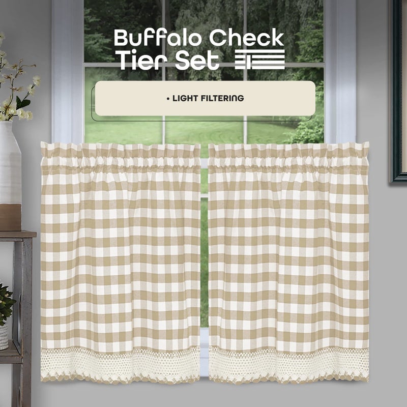 ACHIM Buffalo Check Tier Pair Window Curtain Set - 58 Inch Width, 36 Inch Length - Taupe & Ivory Plaid Drapes - Light Filtering Drapes for Kitchen, Bedroom, Living & Dining Room Home Decor - Image 2