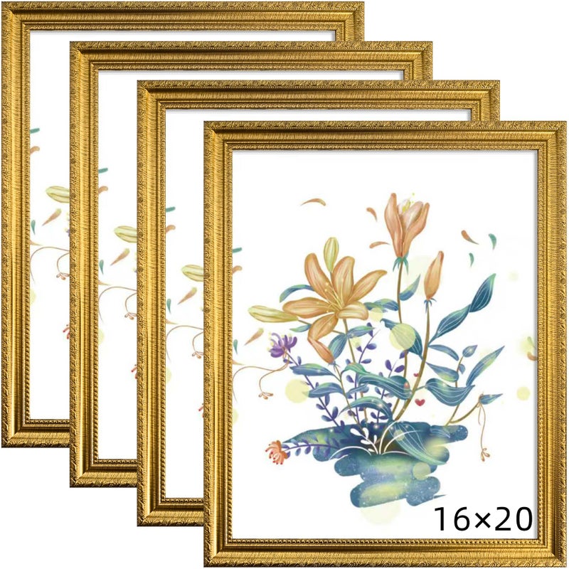 BESCRCL 16x20 Picture Frame Gold, Frames for Wall Display, Rustic Vintage Photo Frame with Shatterproof Crystal Acrylic, 4 Pack - Image 1
