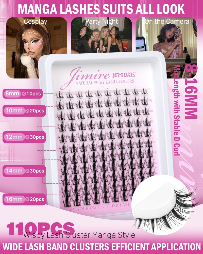 JIMIRE Manga Lash Clusters Natural Look Wispy Lashes Clusters Anime D-Curly Cluster Eyelash Extensions 110 Pcs 8-16MM Fairy Individual Cluster Lashes Wet-Look Lash Extensions - Image 3