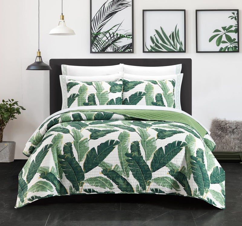 Chic Home Chic Home Palm Springs 9 Piece Quilt Set Stitched Palm Tree Print Bed in A Bag  Sheet Set Decorative Pillow Shams Included Queen Green 