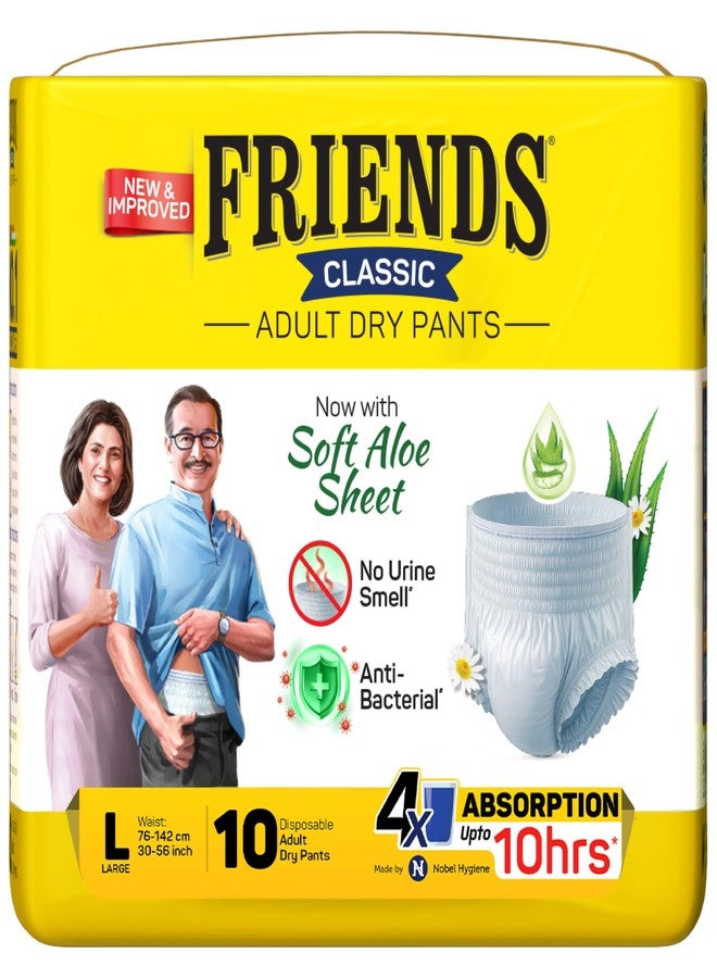 Friends Classic Adult Diaper L Size Pants | 10 Count (Large) | Waist 30 - 56 inch | Aloe Vera | Unisex | Quick & Even Absorption | Long Protection hours | Brief-Like Fit | Odour Lock | Leakproof | Elastic Waist & Anti-Bacterial Absorbent Core - Image 1