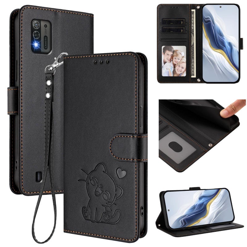 erorex For ZTE Blade A52 Lite Embossed  Cat Leather Phone Case with Hand Strap(Black) - Image 1