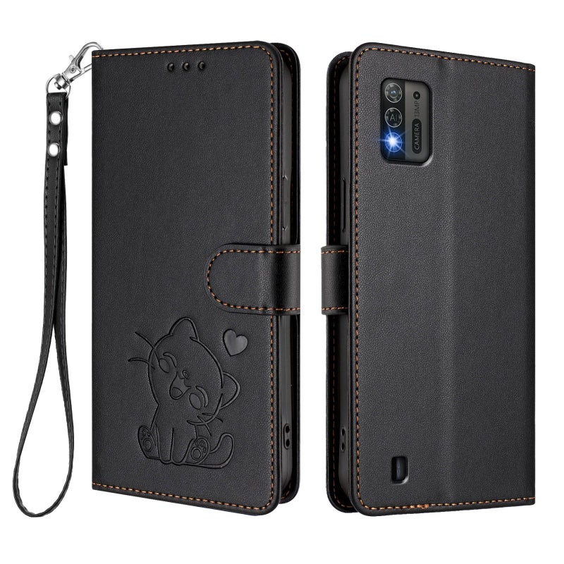 erorex For ZTE Blade A52 Lite Embossed  Cat Leather Phone Case with Hand Strap(Black) - Image 2