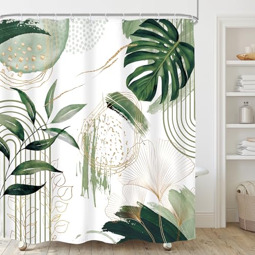 Mitpok Sage Green Boho Shower Curtain Mid Century Modern Abstract Tropical Palm Leaves Minimalist Gold Olive Geometric Plant 72Wx72H Bathroom Decor Bath Curtain Liner Fabric Polyester 12 Pack Hooks - Image 3
