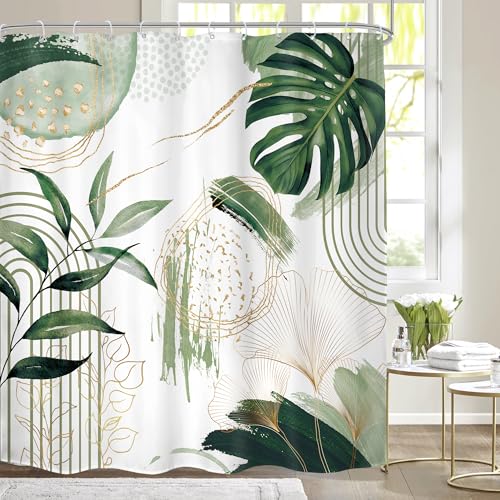 Mitpok Sage Green Boho Shower Curtain Mid Century Modern Abstract Tropical Palm Leaves Minimalist Gold Olive Geometric Plant 72Wx72H Bathroom Decor Bath Curtain Liner Fabric Polyester 12 Pack Hooks - Image 1