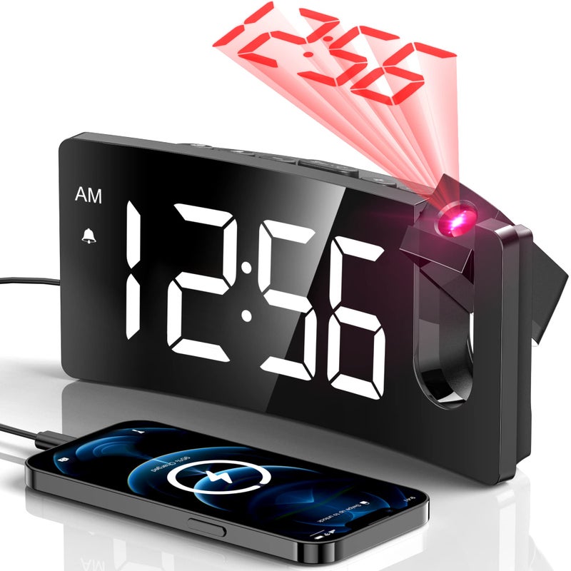 Projection Alarm Clock Digital Clock with 180 Rotatable Projector 3Level Brightness Dimmer Clear LED Display USB Charger Progressive Volume 9mins Snooze1224H Digital Alarm Clock for Bedroom