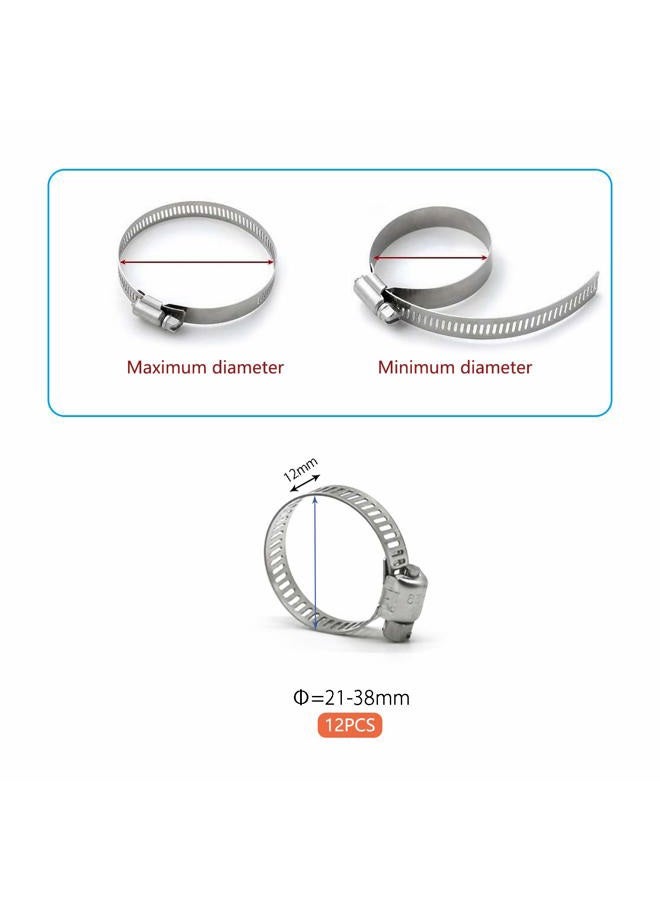 ZIPCCI Hose Clamp, 12 Pack Stainless Steel Worm Gear Fuel line Hose Clamps, 21-38mm (3/4-1-1/2 inch) - Image 2