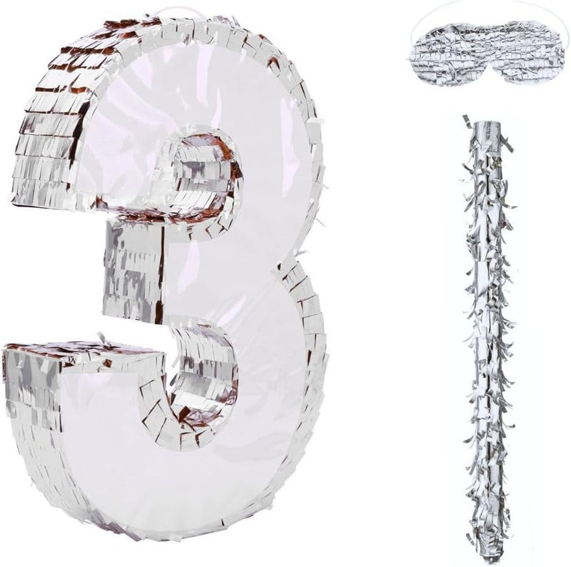 Goldedge 42x30x8cm Number Piñata Birthday Piñata Decorations Silver Foil Piñata with Stick Blindfold Confetti for Boy Girl Birthday Party Decorations Anniversary Celebrations Fiesta Supplies(Number 3) - Image 2