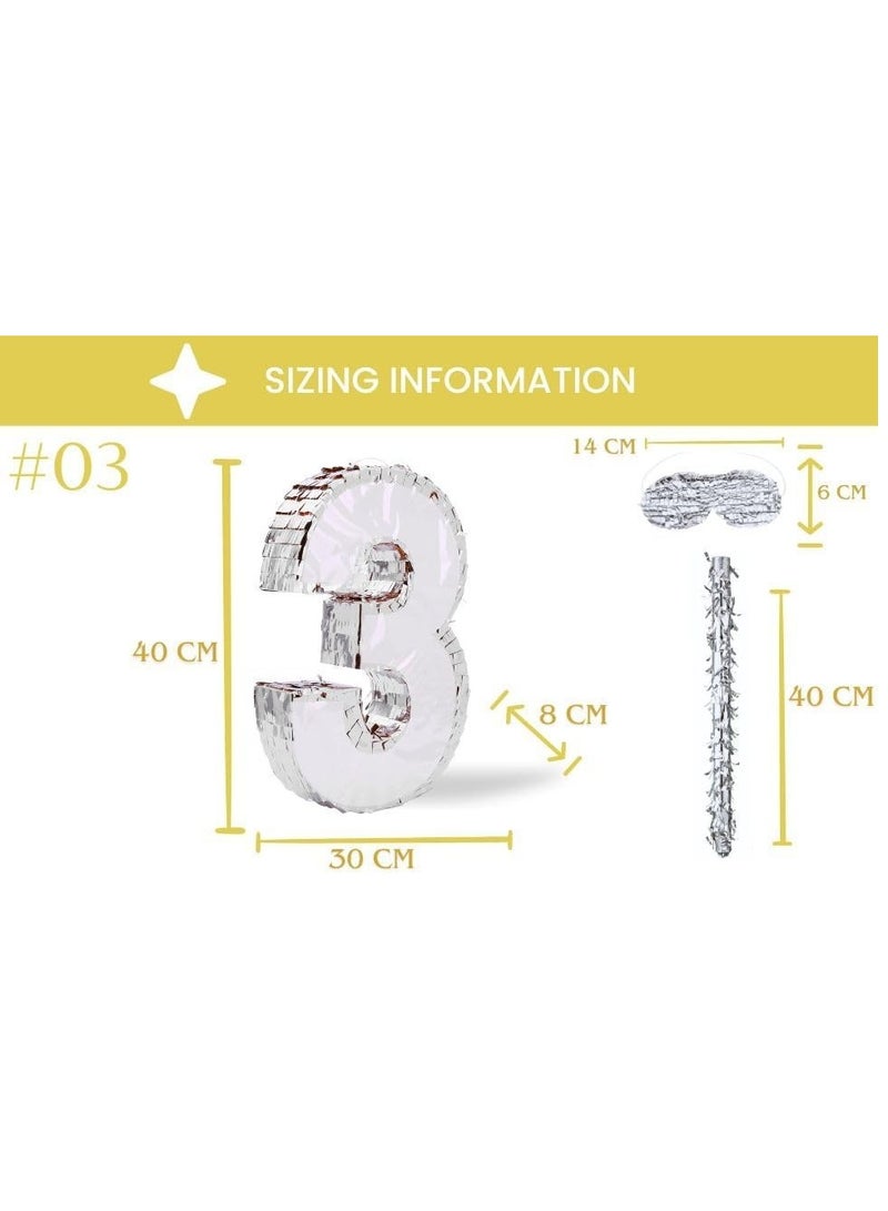Goldedge 42x30x8cm Number Piñata Birthday Piñata Decorations Silver Foil Piñata with Stick Blindfold Confetti for Boy Girl Birthday Party Decorations Anniversary Celebrations Fiesta Supplies(Number 3) - Image 3