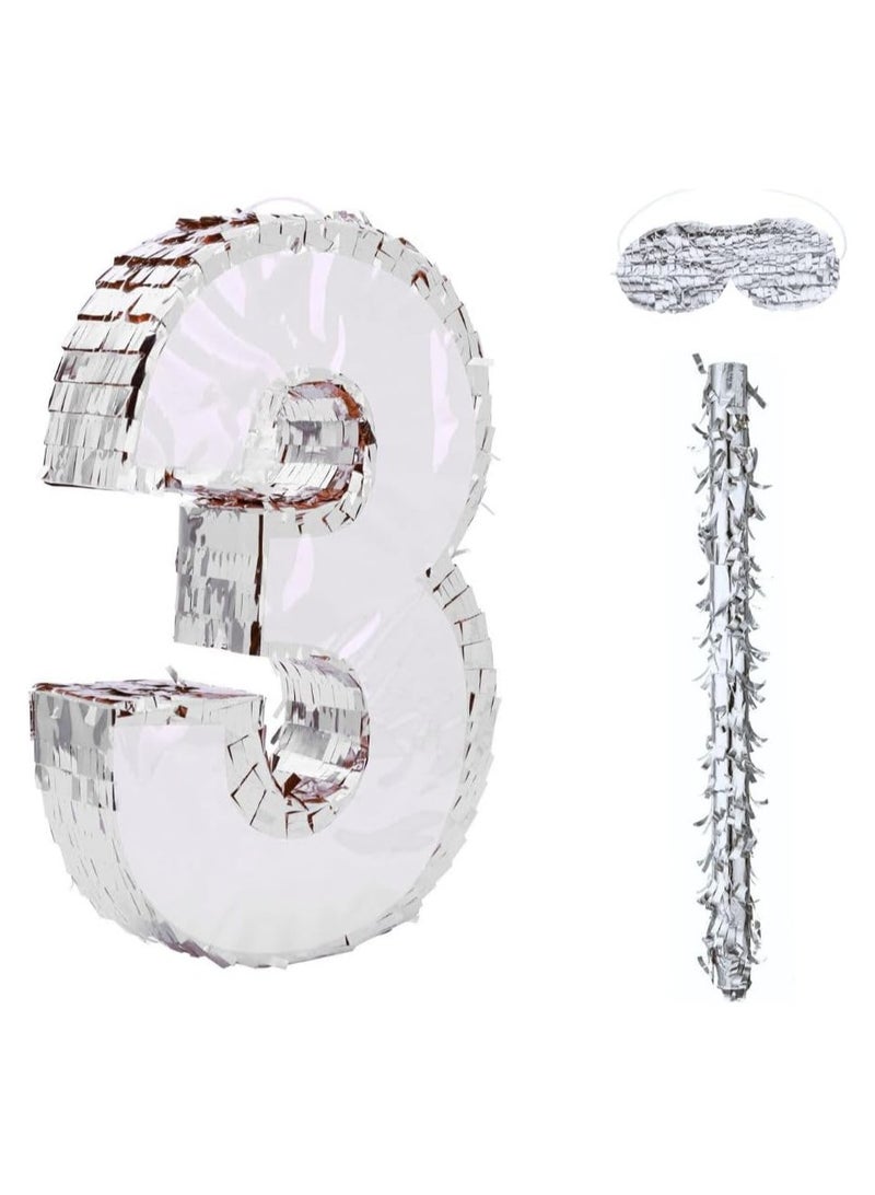 Goldedge 42x30x8cm Number Piñata Birthday Piñata Decorations Silver Foil Piñata with Stick Blindfold Confetti for Boy Girl Birthday Party Decorations Anniversary Celebrations Fiesta Supplies(Number 3) - Image 1