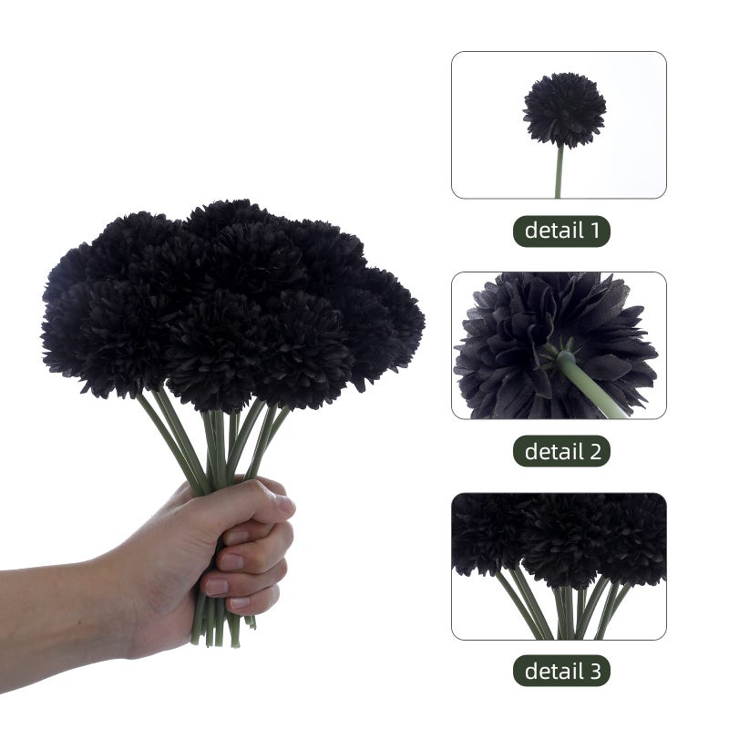 Kimura's Cabin Fake Flowers 15pcs Artificial Silk Hydrangea Chrysanthemum Ball Flowers Bouquets for Home Dining Table Core Party Wedding Halloween Decoration (Black  Pack of 15) - Image 3