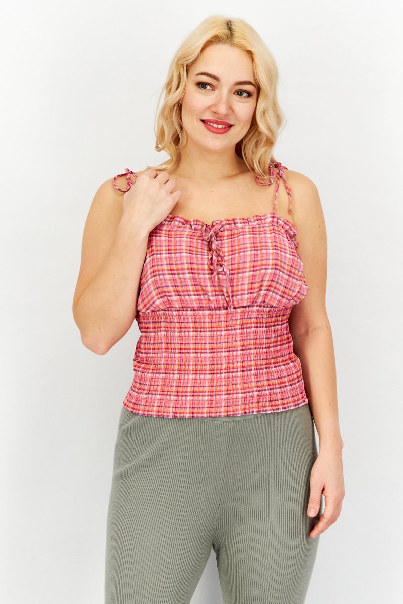 Aqua Women Square Neck Sleeveless Plaid Crop Top, Pink Combo - Image 1