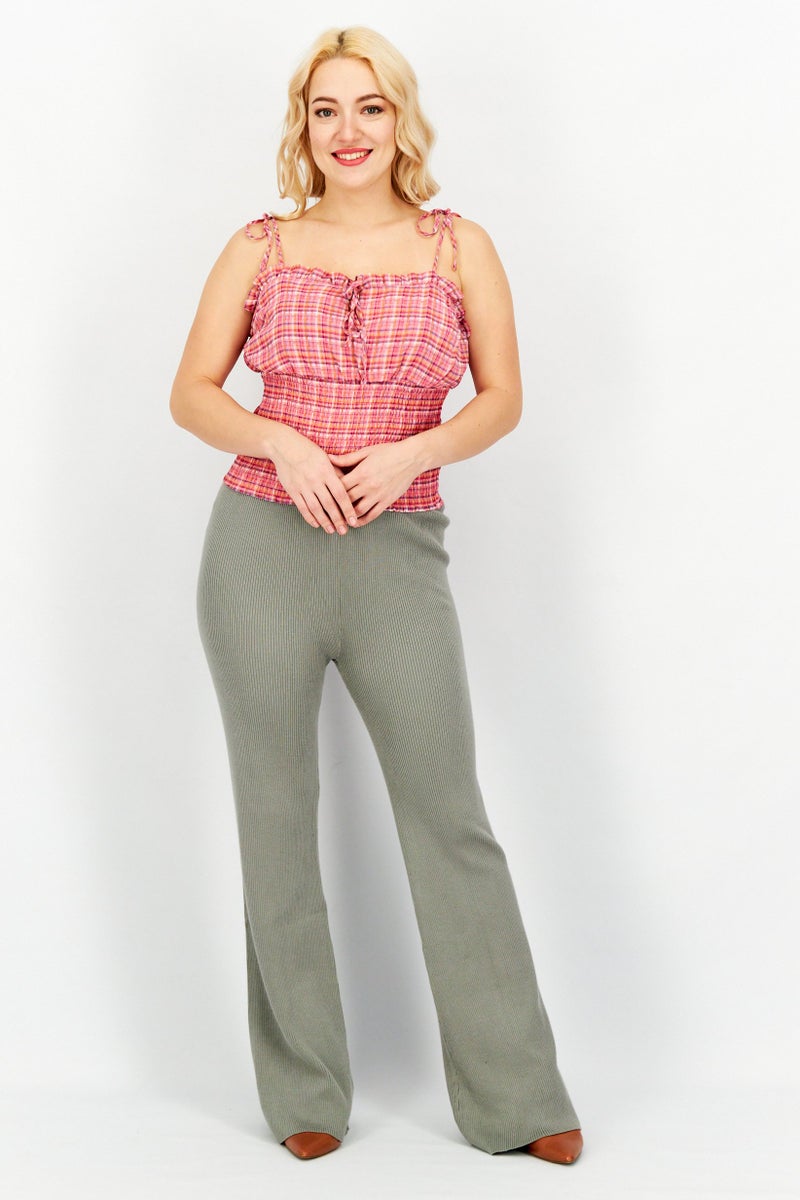 Aqua Women Square Neck Sleeveless Plaid Crop Top, Pink Combo - Image 4