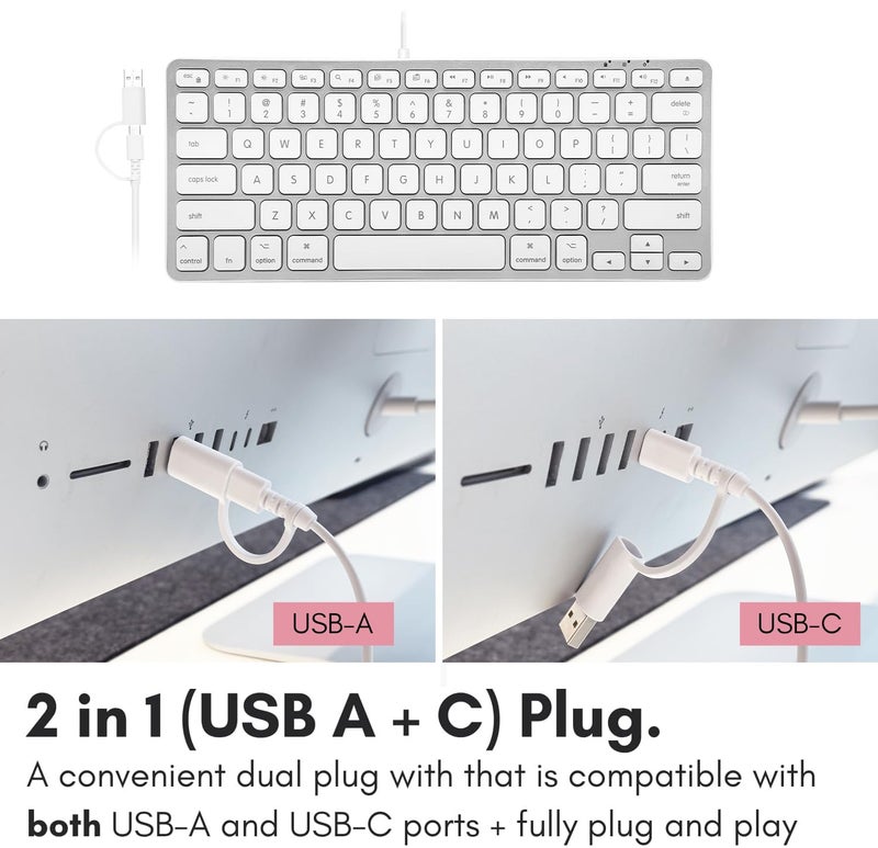Macally Small Keyboard for Mac with USB Hub (3 Ports) - Wired 2 in 1 USB C + A Plug - Save Space with an Apple Compatible Keyboard (78-Key Layout) - Silver - Image 3
