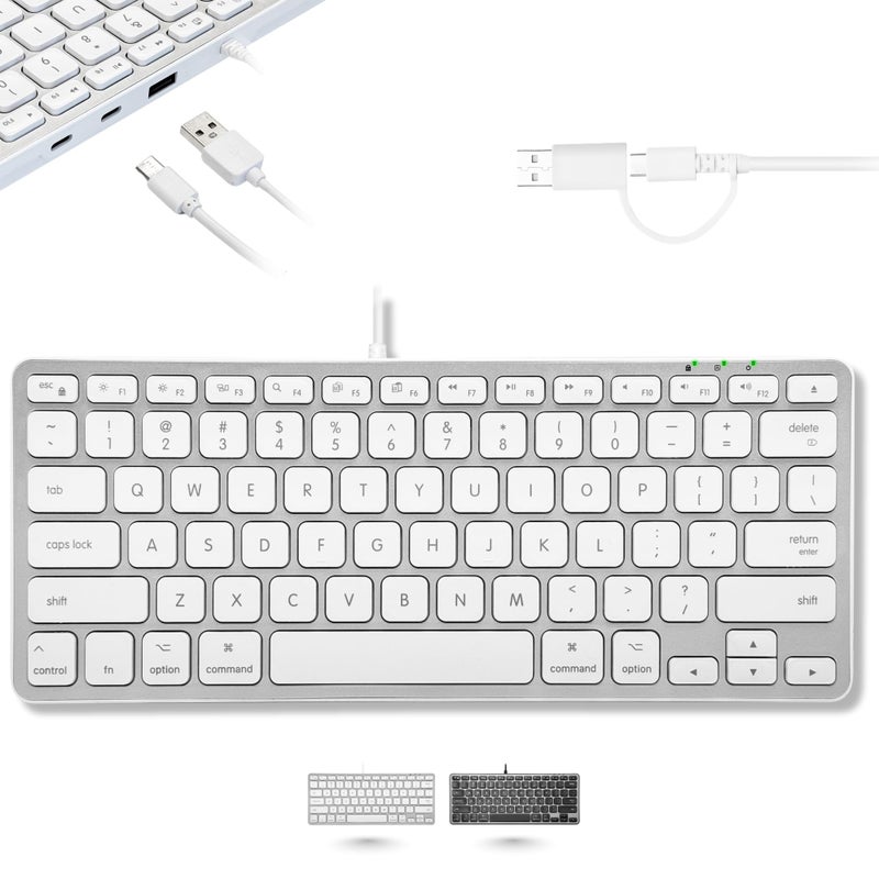 Macally Small Keyboard for Mac with USB Hub (3 Ports) - Wired 2 in 1 USB C + A Plug - Save Space with an Apple Compatible Keyboard (78-Key Layout) - Silver - Image 1