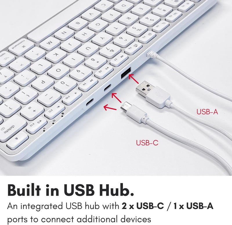 Macally Small Keyboard for Mac with USB Hub (3 Ports) - Wired 2 in 1 USB C + A Plug - Save Space with an Apple Compatible Keyboard (78-Key Layout) - Silver - Image 2