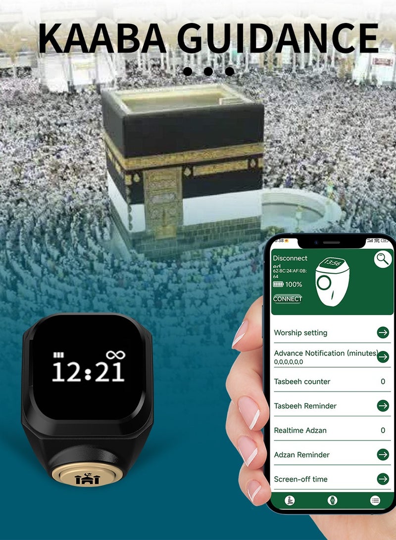 Xlot خاتم تسبيح ذكي للذكر مع شاشة، اتصال لاسلكي، بطارية قابلة للشحن وخيار طاقة USB - مثالي لشهر رمضان، عيد|خاتم صلاة عصري|خاتم اتصال لاسلكي قابل للارتداء، عداد صلاة، تذكير بالوقت والسبحة، وظيفة بوصلة، تحكم عبر تطبيق لاسلكي، قابل للشحن عبر USB، مقاسات 18 مم خاتم تذكير بالصلاة - Image 5