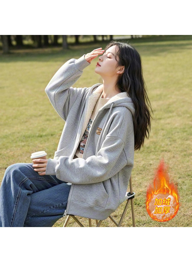 Flying in the snow Women's Autumn/winter Fleece-lined Hooded Sweatshirt Jacket 2025 New Style Cardigan Top - Image 2