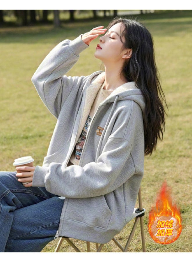 Flying in the snow Women's Autumn/winter Fleece-lined Hooded Sweatshirt Jacket 2025 New Style Cardigan Top - Image 1