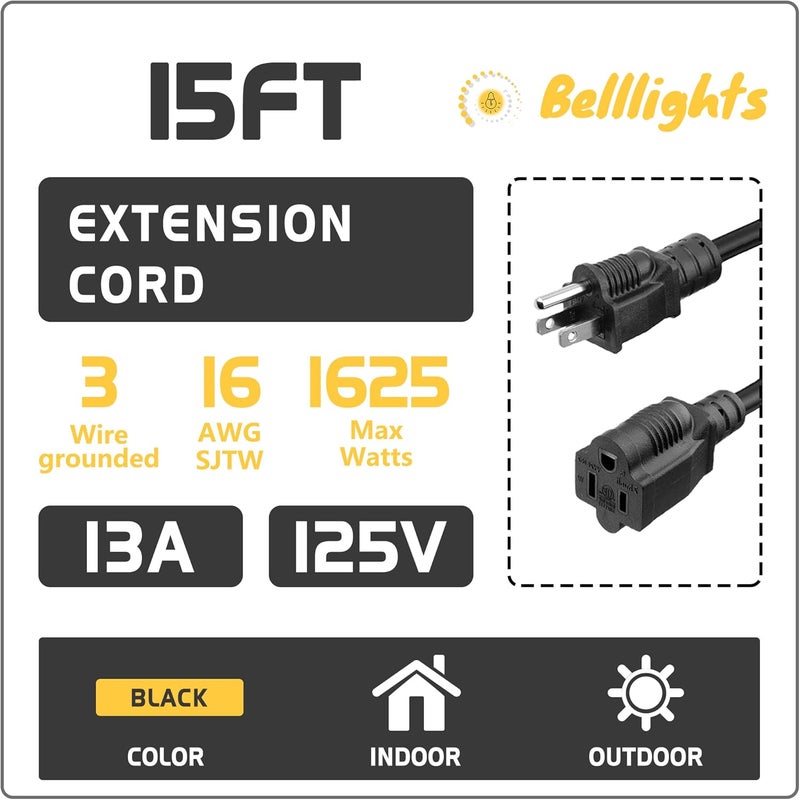 Belllights 2-Pack 15ft Extension Cord Outdoor 16 SJTW AWG Heavy Duty Power Cord 3 Prong, NEMA 5-15P to NEMA 5-15R, Power Cable for Indoor and Outdoor Use - Image 3