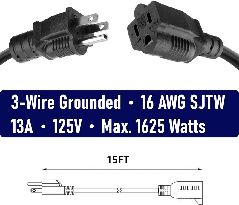 Belllights 2-Pack 15ft Extension Cord Outdoor 16 SJTW AWG Heavy Duty Power Cord 3 Prong, NEMA 5-15P to NEMA 5-15R, Power Cable for Indoor and Outdoor Use - Image 2