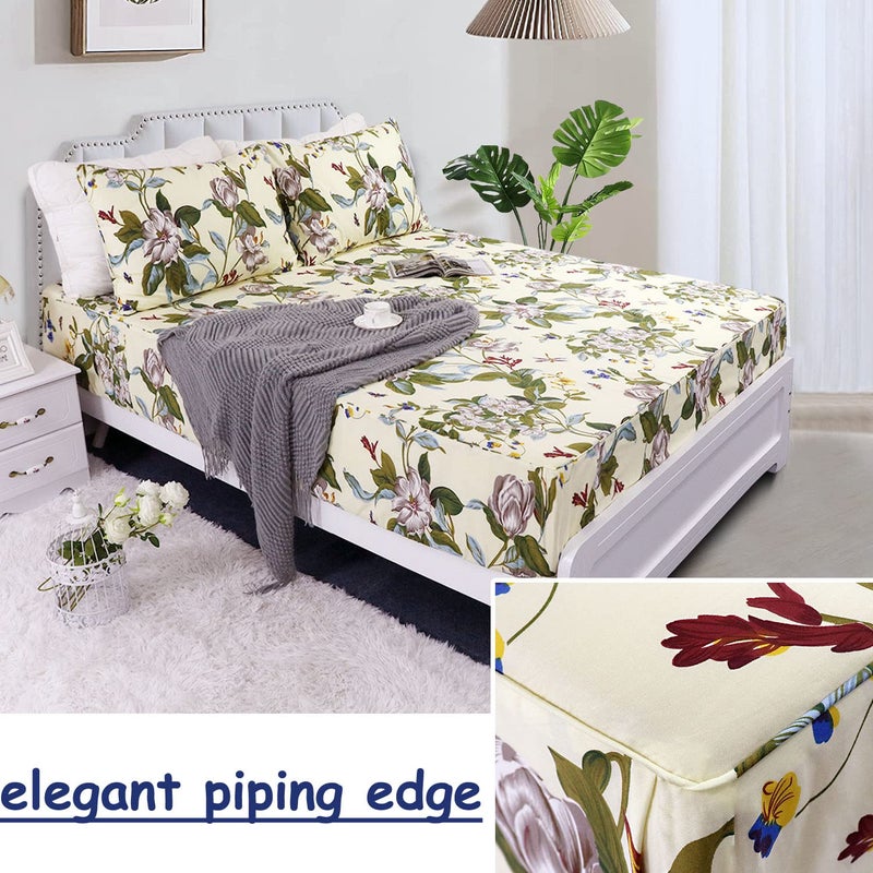 FADFAY Shabby Floral Sheets Queen Size 100% Cotton 600 TC White Flower & Green Leaves Cream Bedding Vintage Botanical Print Countryside Super Soft Natural Bed Sheet Soft Deep Pocket Sheet 17.5'' - Image 3