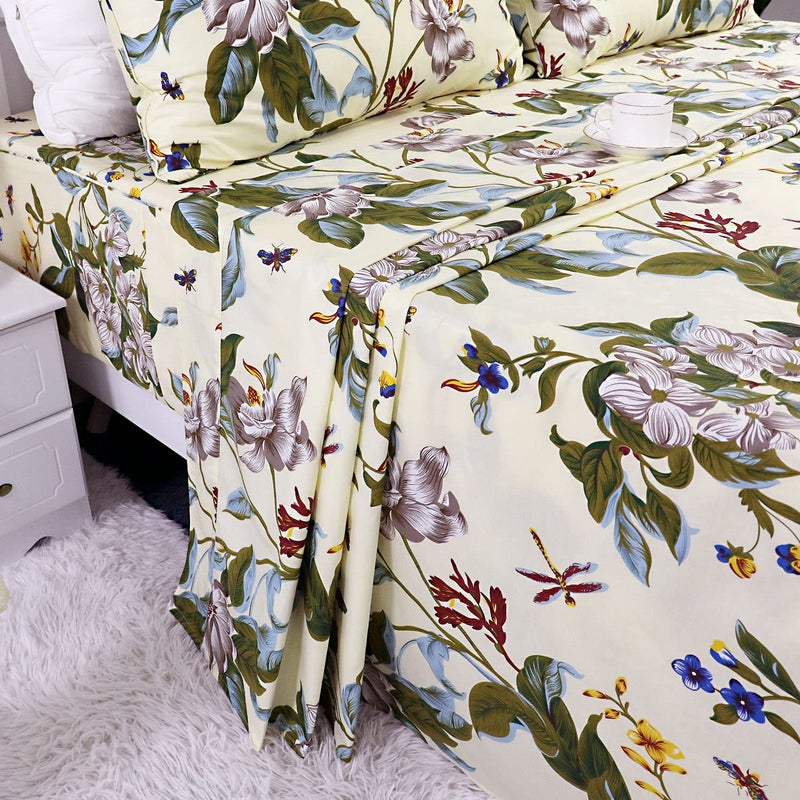 FADFAY Shabby Floral Sheets Queen Size 100% Cotton 600 TC White Flower & Green Leaves Cream Bedding Vintage Botanical Print Countryside Super Soft Natural Bed Sheet Soft Deep Pocket Sheet 17.5'' - Image 5