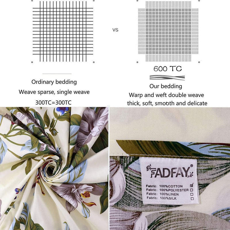FADFAY Shabby Floral Sheets Queen Size 100% Cotton 600 TC White Flower & Green Leaves Cream Bedding Vintage Botanical Print Countryside Super Soft Natural Bed Sheet Soft Deep Pocket Sheet 17.5'' - Image 2