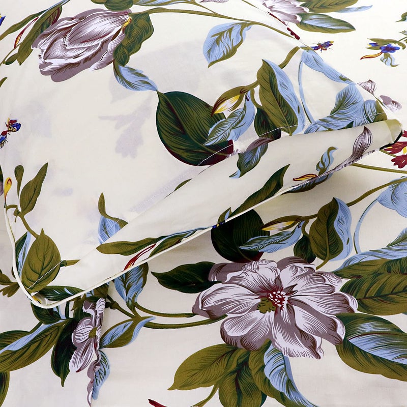 FADFAY Shabby Floral Sheets Queen Size 100% Cotton 600 TC White Flower & Green Leaves Cream Bedding Vintage Botanical Print Countryside Super Soft Natural Bed Sheet Soft Deep Pocket Sheet 17.5'' - Image 4