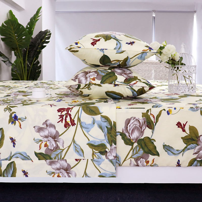 FADFAY Shabby Floral Sheets Queen Size 100% Cotton 600 TC White Flower & Green Leaves Cream Bedding Vintage Botanical Print Countryside Super Soft Natural Bed Sheet Soft Deep Pocket Sheet 17.5'' - Image 1