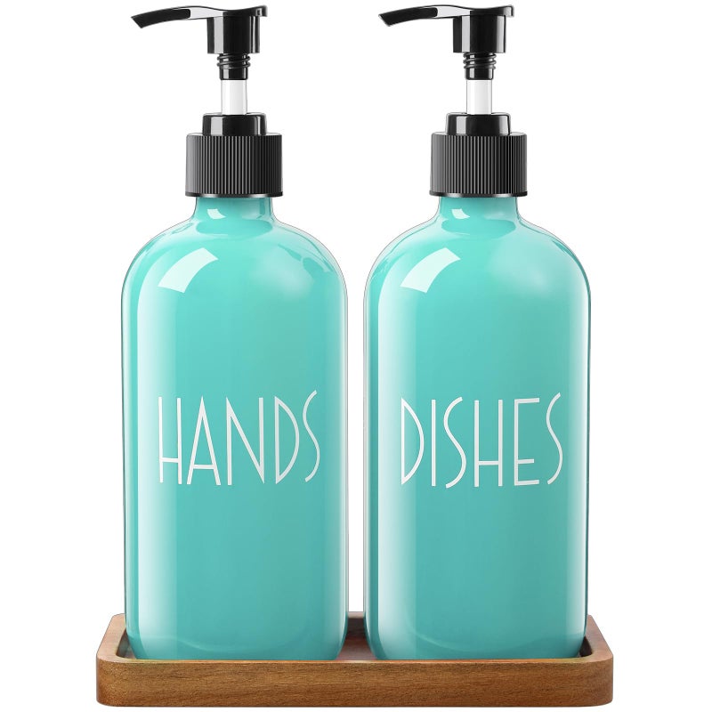 ALELION Turquoise Dish Soap Dispenser for Kitchen  16 OZ Glass Hand Soap Dispenser Set with Pump and Acacia Wood Tray  Turquoise Kitchen Decor  Teal Kitchen Accessories