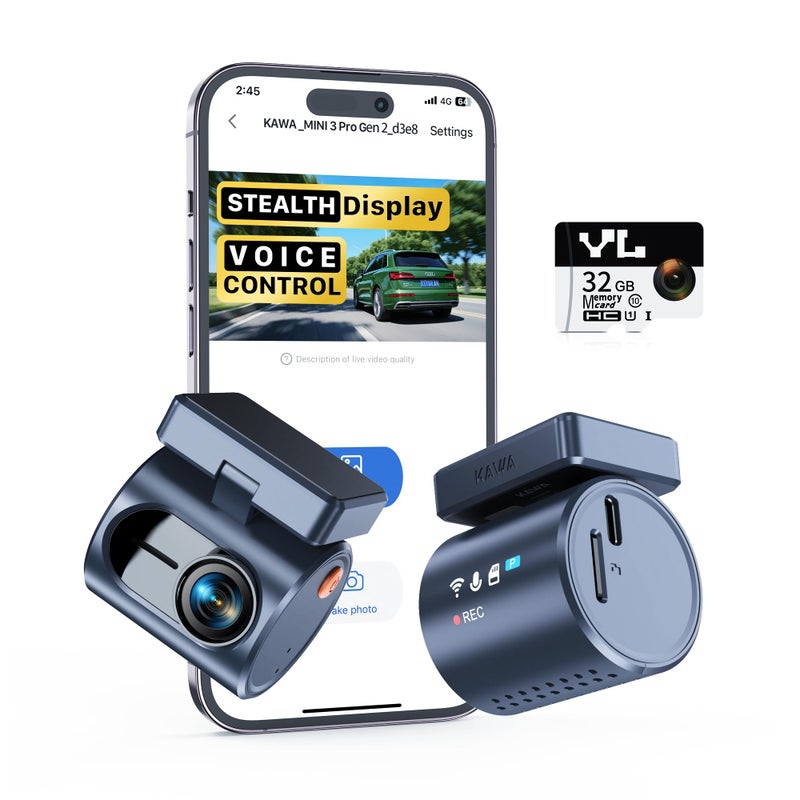 KAWA 2K Dash Cam for Cars with Voice Control - Stealth Display Tiny Dashcam Front Included 32GB Micro SD Card, Super Night Vision, 1296P QHD, G-Sensor, Built in WiFi & App Car Camera - Image 1