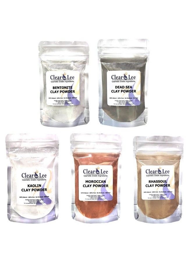 ClearLee - Cosmetic Grade Clay Powders Variety Pack Kaolin Bentonite Dead Sea Moroccan Rhassoul Clay 5 Pack 100% Pure Natural Powder Great For Sampling And Discovering Best Clay For Skin - Image 1