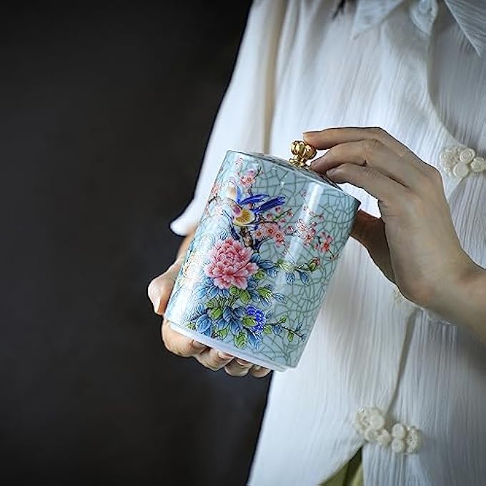 Bicuzat علبة شاي خزفية مستطيلة مزخرفة بغطاء محكم الإغلاق سعة 19 أونصة سائلة، شاي وقهوة وأعشاب وسكر وتوابل ومكسرات - Image 4