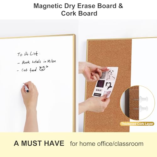 ARCOBIS Dry Erase Cork Board Combo, 24"X18" Bulletin White Board for Wall, Magnetic Corkboard Whiteboard Combination, Vision Board for Office, Home, School Gold Frame - Image 2
