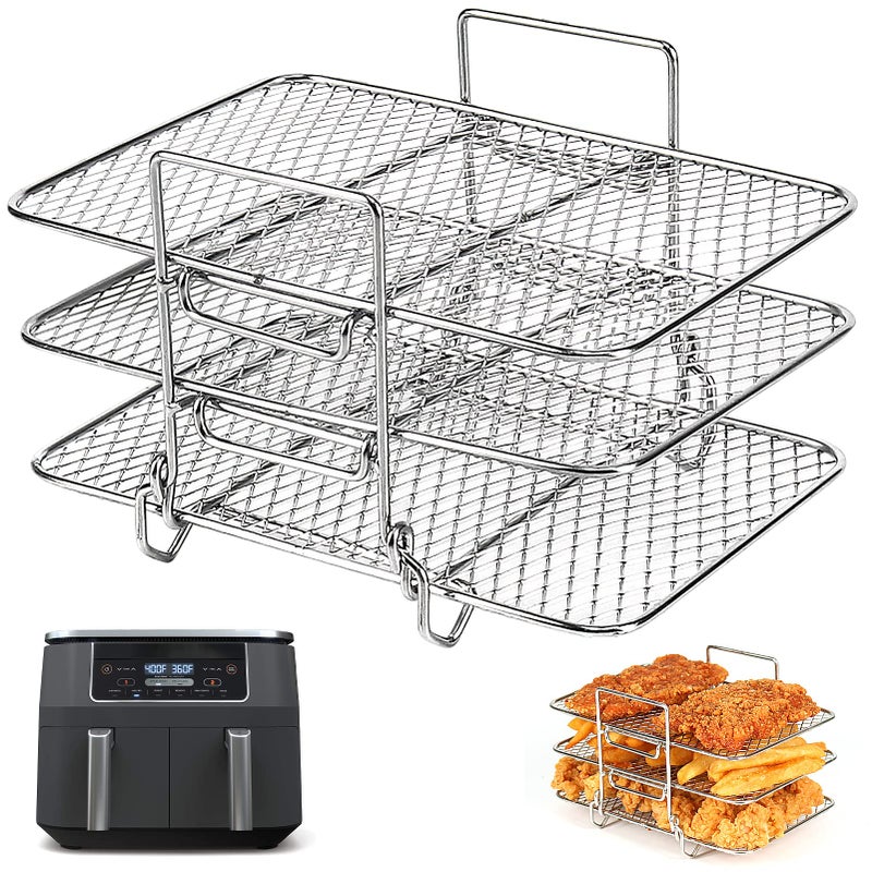 BYKITCHEN Air Fryer Racks for Ninja Dual Three Layer Stainless Steel Cooking Rack Air Fryer AF300UK AF400UK Accessories Grilling Rack for NinjaSalterTowerEMtronics Double Drawer Fryer