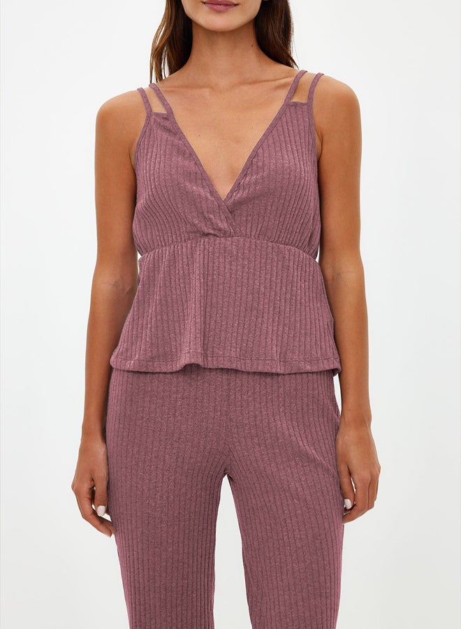trendyol Dusty Rose Corduroy Knitted Pajama Set with Strappy Straps THMSS21PT0125  - Image 4