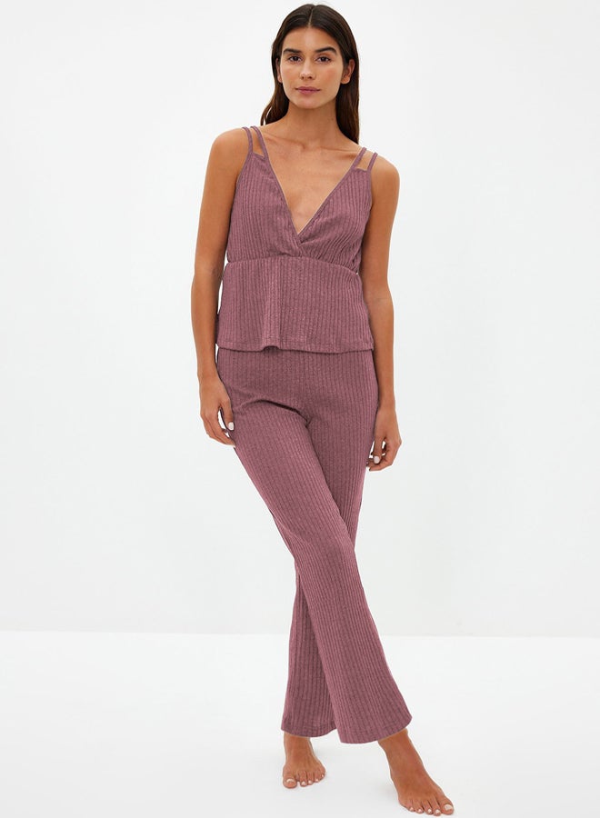 trendyol Dusty Rose Corduroy Knitted Pajama Set with Strappy Straps THMSS21PT0125  - Image 3