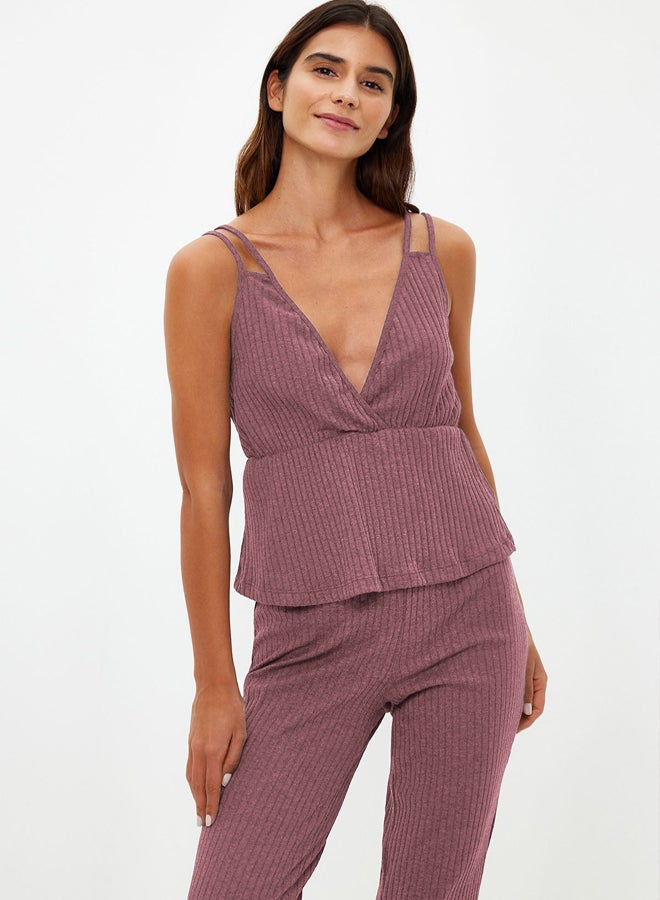trendyol Dusty Rose Corduroy Knitted Pajama Set with Strappy Straps THMSS21PT0125  - Image 2