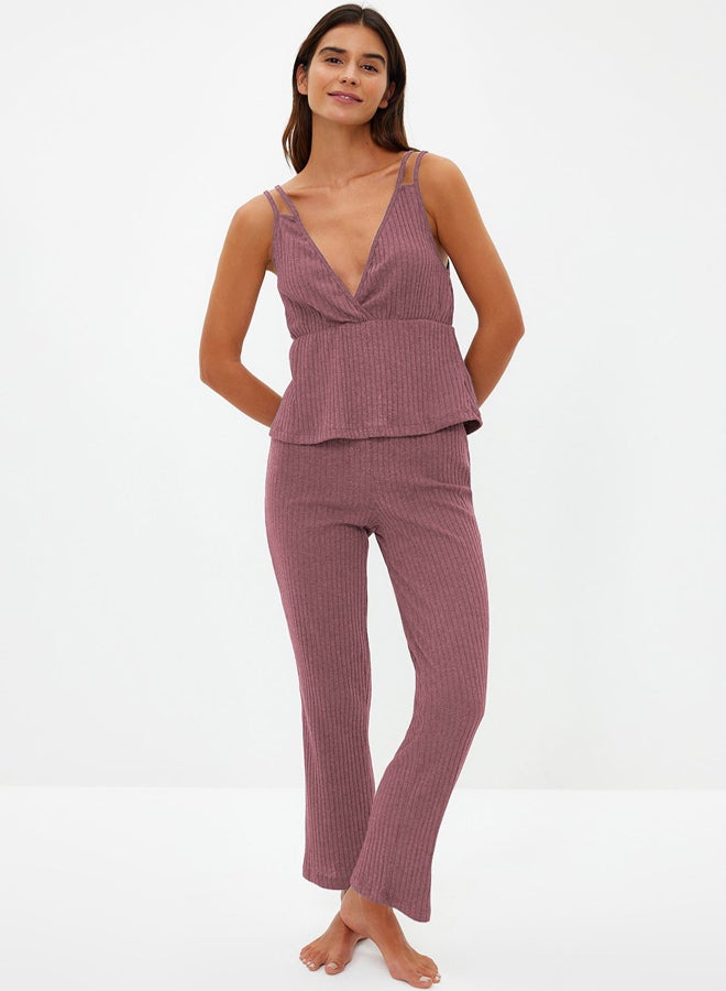 trendyol Dusty Rose Corduroy Knitted Pajama Set with Strappy Straps THMSS21PT0125  - Image 1