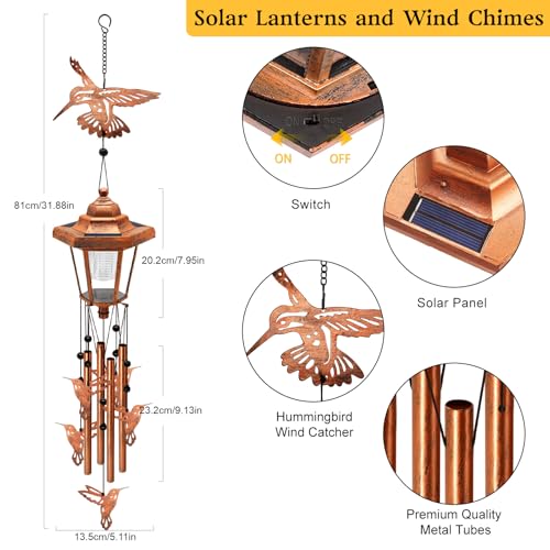 yulloyello Large Solar Hummingbird Wind Chimes, Gifts for Women Mom Grandma Wife Sister Daughter Neighbor, Classic Bronze Wind Chimes with Wind Catcher, Solar Decor Lights for Outdoor Garden Patio Porch Window - Image 2