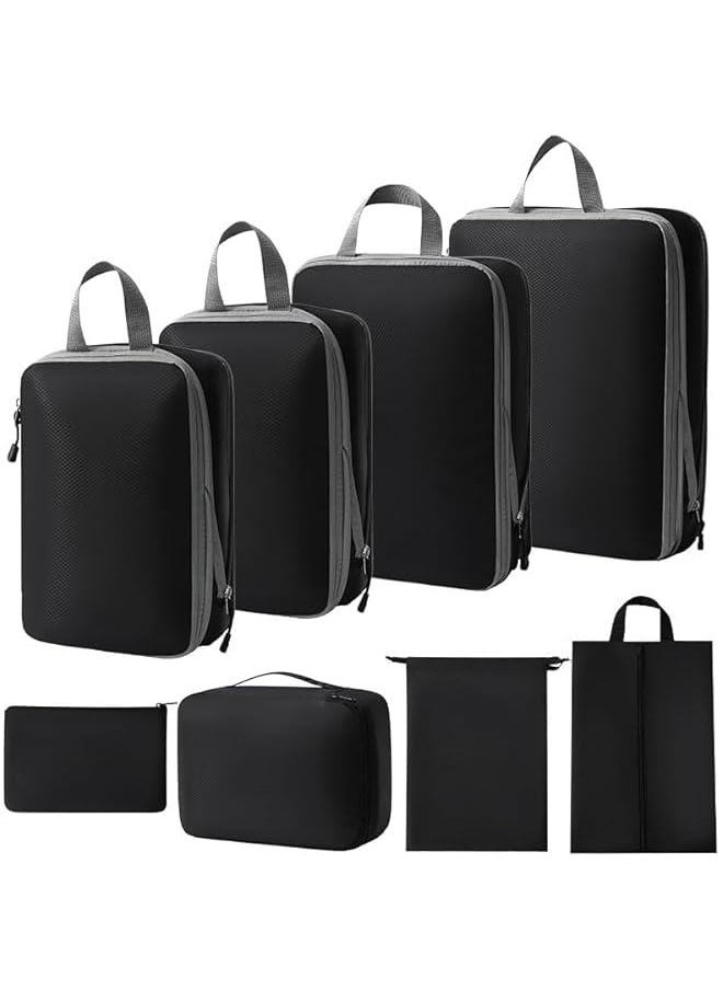 HOOKOR Compression Packing Cubes for Suitcase, Travel Bags Organizer for Luggage with Shoe Bag, Expandable and Premium Storage - Essential for Travel,Lightweight for Travel Accessories (8PCS-Black)  - Image 1