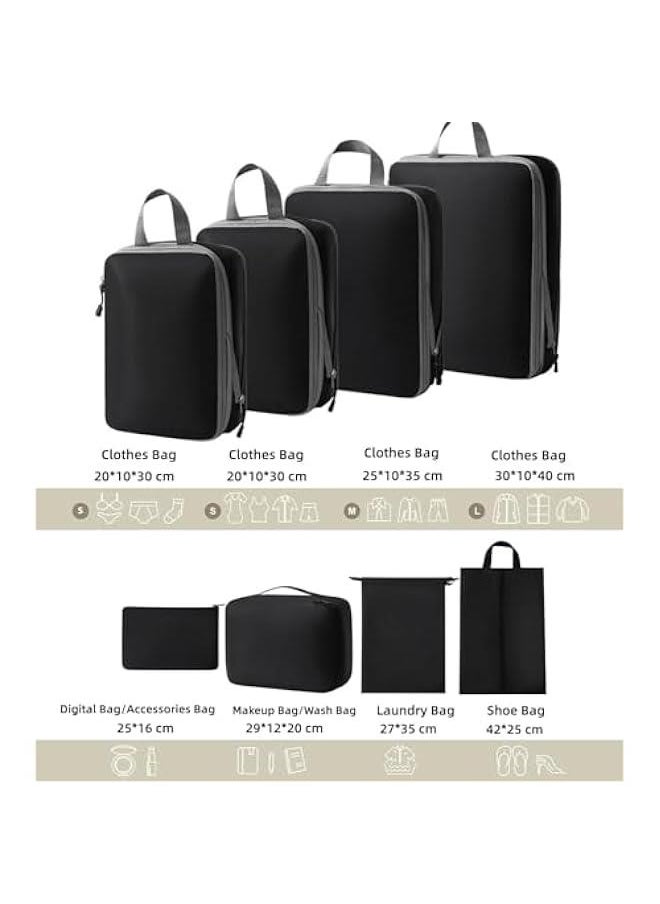HOOKOR Compression Packing Cubes for Suitcase, Travel Bags Organizer for Luggage with Shoe Bag, Expandable and Premium Storage - Essential for Travel,Lightweight for Travel Accessories (8PCS-Black)  - Image 2