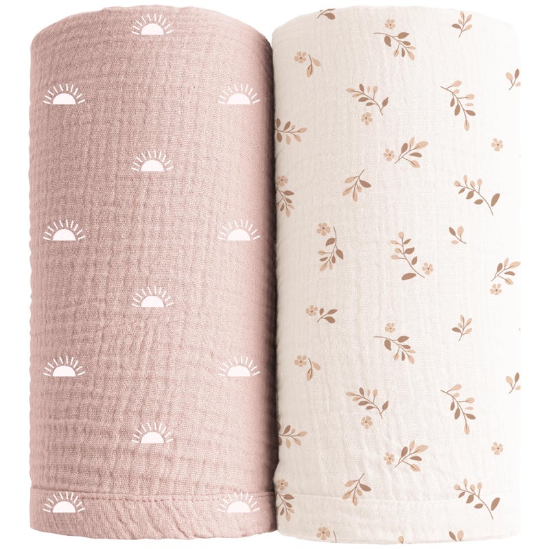 Konssy Muslin Swaddle Blankets for Girls Boys, 2 Pack Receiving Baby Blanket Large 47 x 47 inches, Soft Breathable Swaddling Wrap for Unisex Newborn (Pink Sun,Khaki Leaf) - Image 1