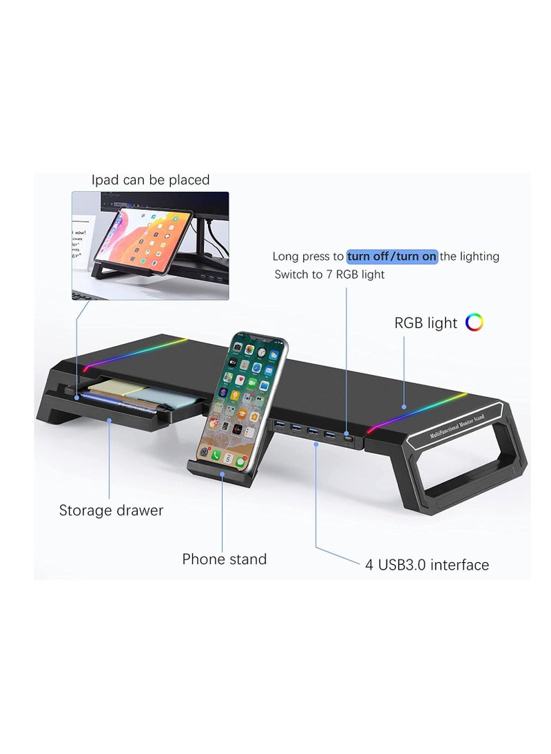 ICE COOREL - ICE COOREL Adjustable Monitor Stand Computer Riser Desktop Storage Stand with 4 USB Ports, RGB light, Mobile Phone Holder, Storage Drawer - Image 1