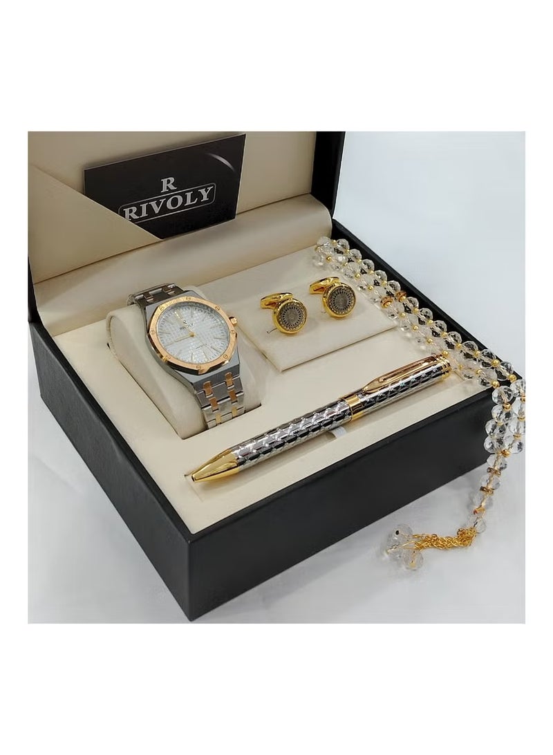 Men's stainless steel set consisting of a watch, a rosary, a pen and cufflinks